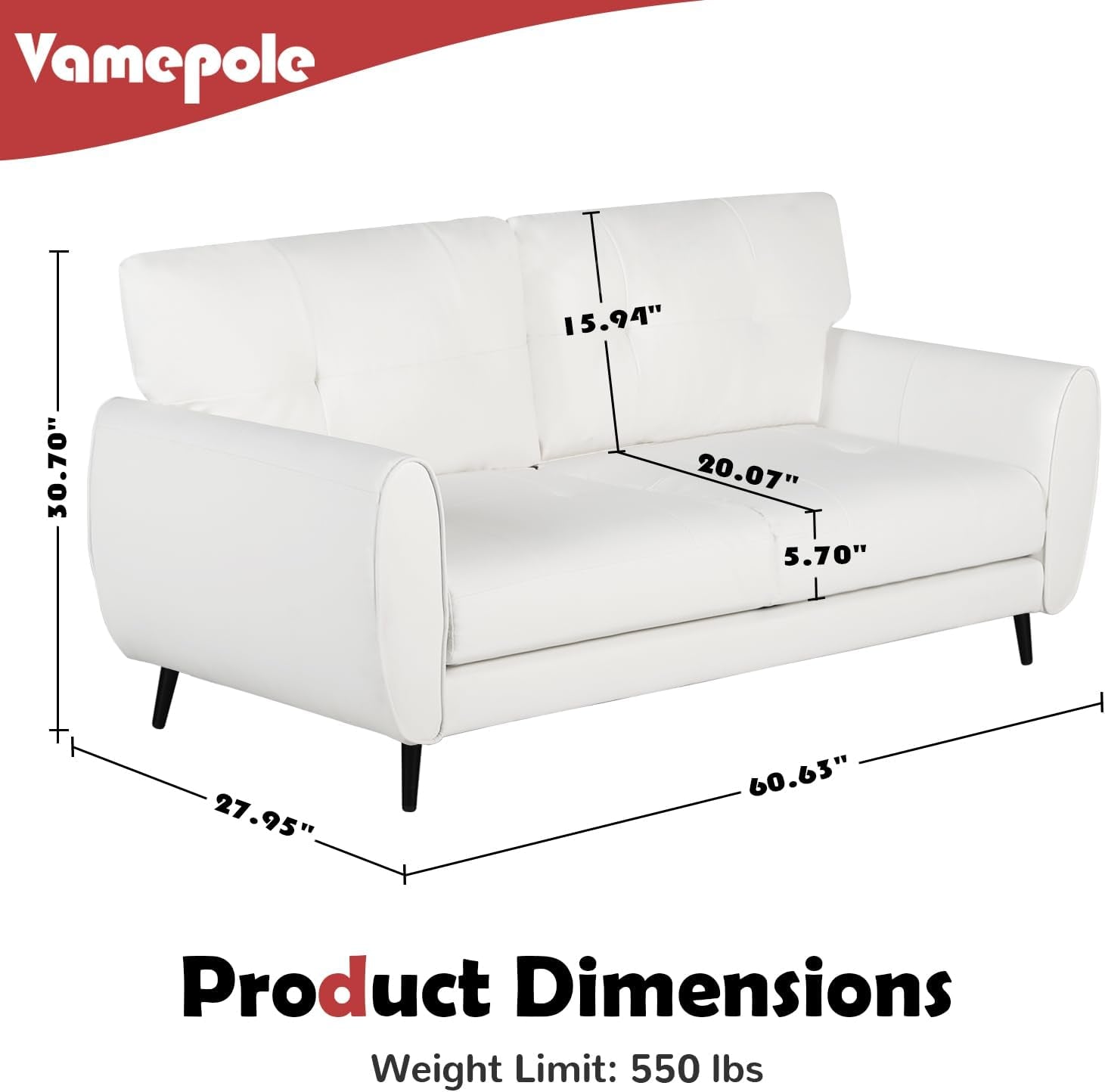 White Leather Loveseat: Mid-Century Modern, Button-Tufted-3