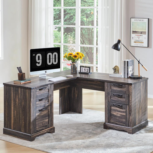60" Farmhouse L Shaped Executive Desk with Drawers, Wood Home Office Corner Desk with Charging Station, File Drawer, Storage Cabinet, Rustic Computer Writing Desk (Dark Rustic Oak)-0