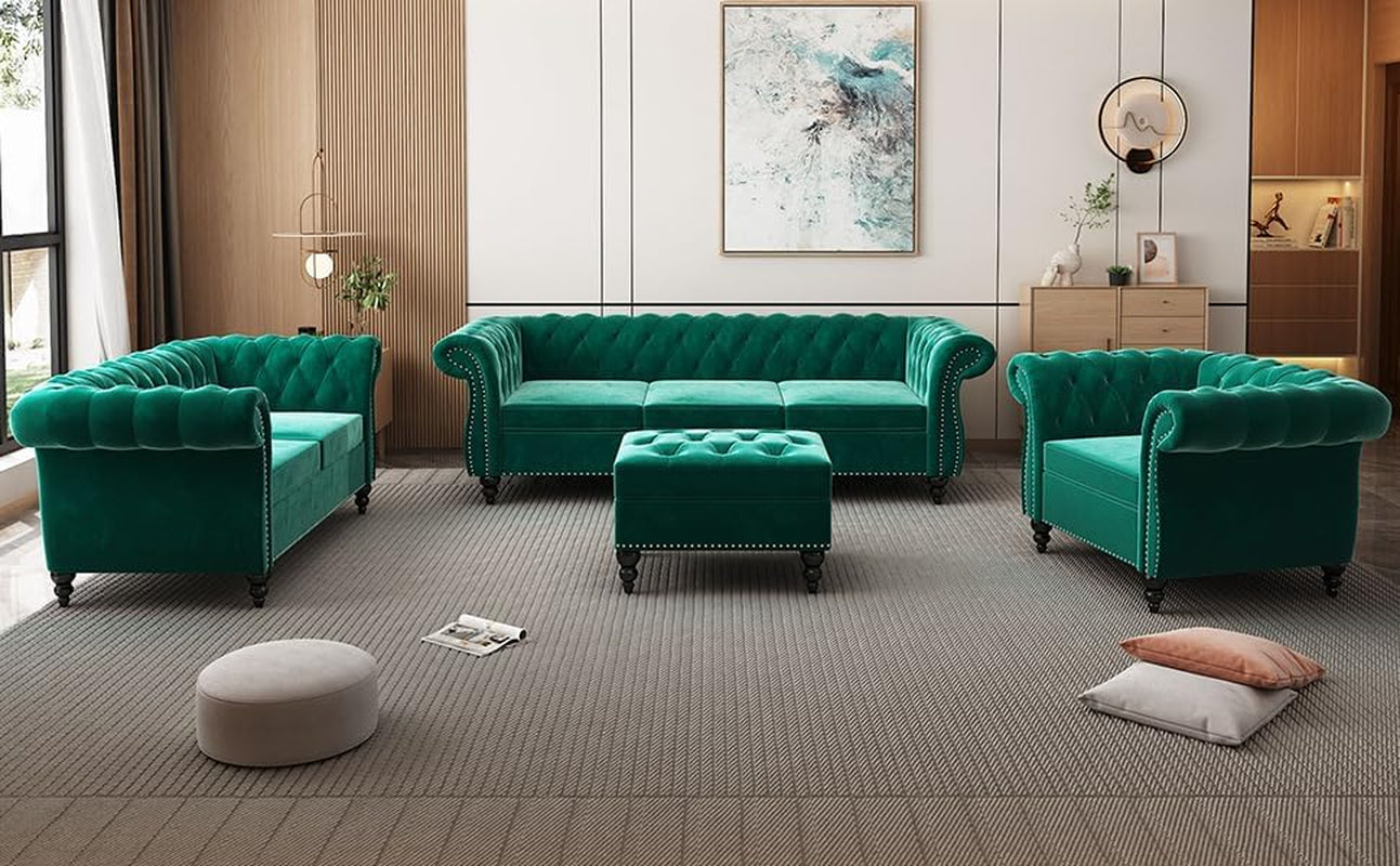 3-Piece Living Room Sectional Sofa Set, Green Velvet Couch Upholstered Sofa Modern Sofa Couches Set Style Button Tufted, Velvet Chesterfield Sofa for Living Room Apartment, 1+2+3 Seat Green-2
