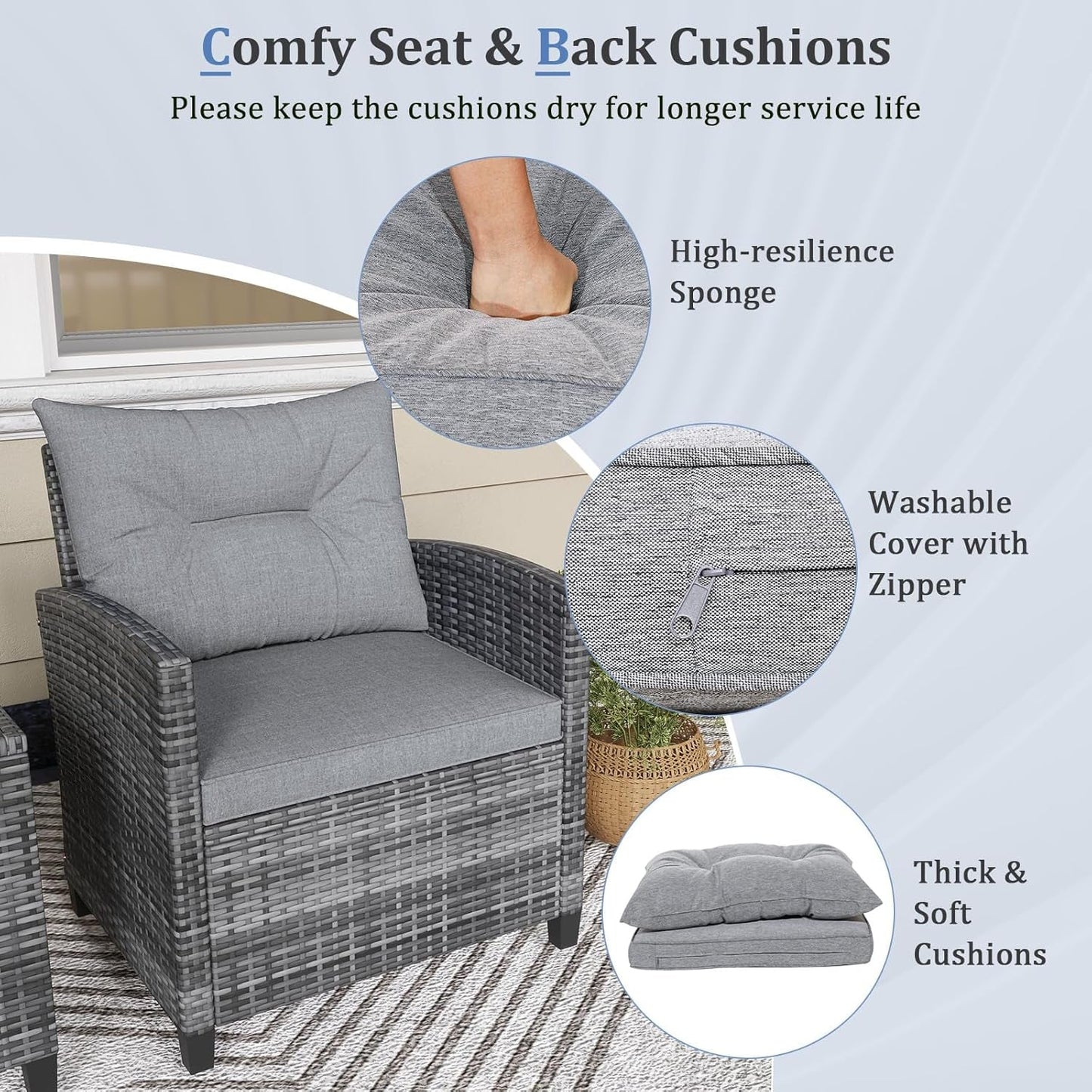 3 Piece Patio Furniture Set, Outdoor PE Rattan Conversation Set with Washable Cushions & Tempered Glass Tabletop, Wicker Chairs and Table Set for Porch, Garden, Balcony (Grey)-3
