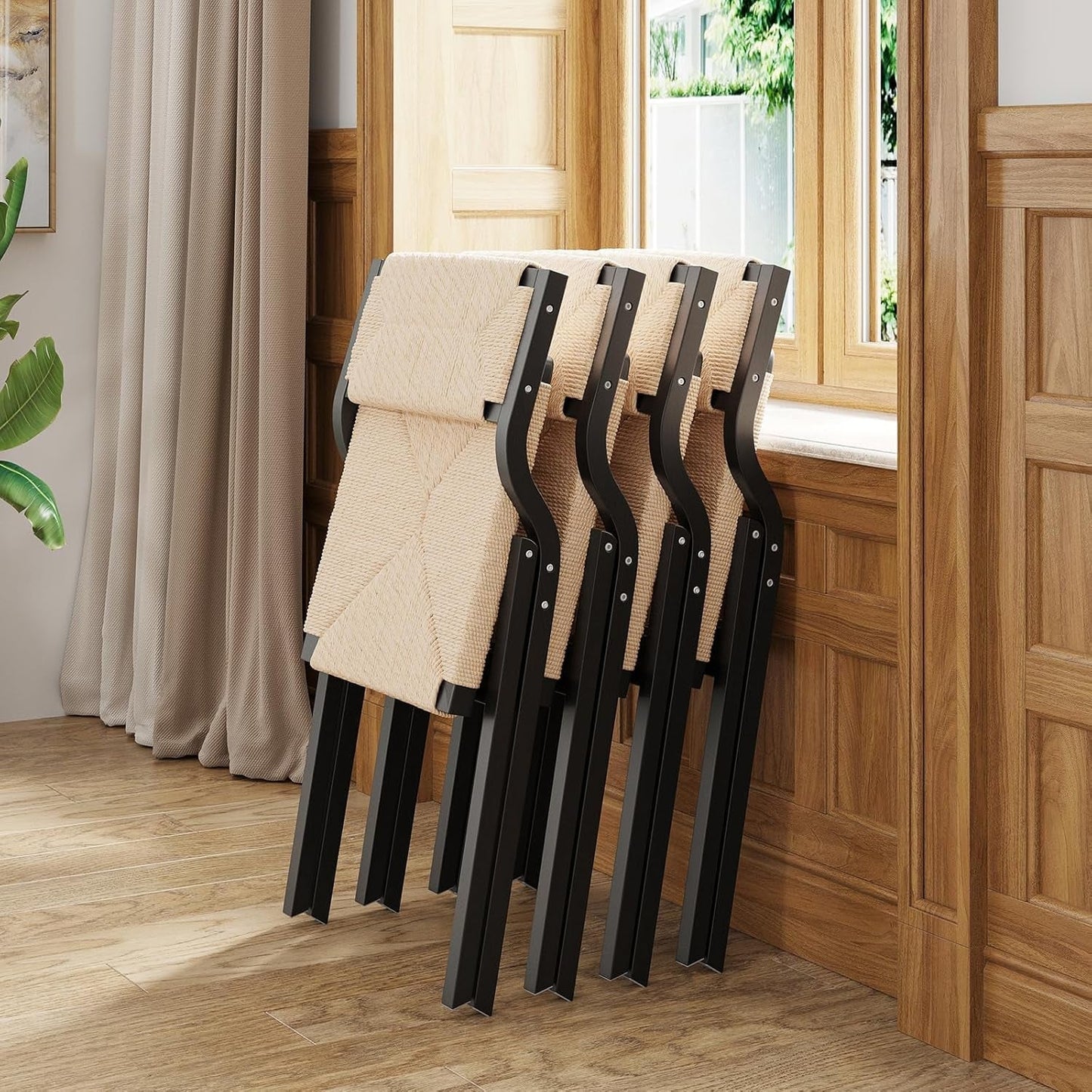 Wood Folding Chairs Set of 2, Foldable Chairs Chairs Wooden Stackable Dining Chairs for Kitchen & Dining Room Chair, Woven Seat & Webbing Back-3