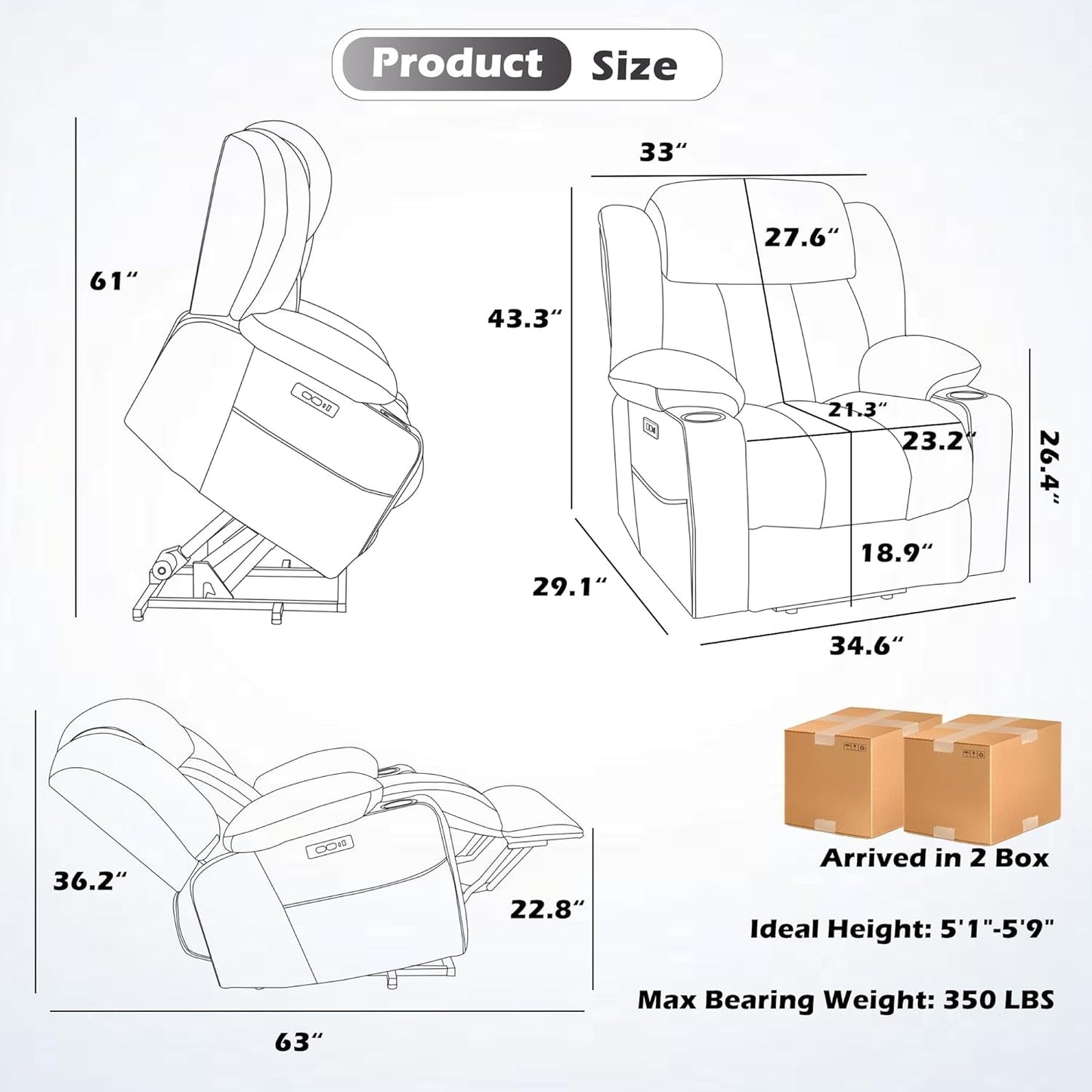 2024 Power Lift Recliner Chair with Full-Body Massage and Heat for Elderly, Hand Remote Control, Upgraded Powerful Motor, Extended Footrest, USB Ports, Stainless Steel Cup Holders, Chenille Grey-2