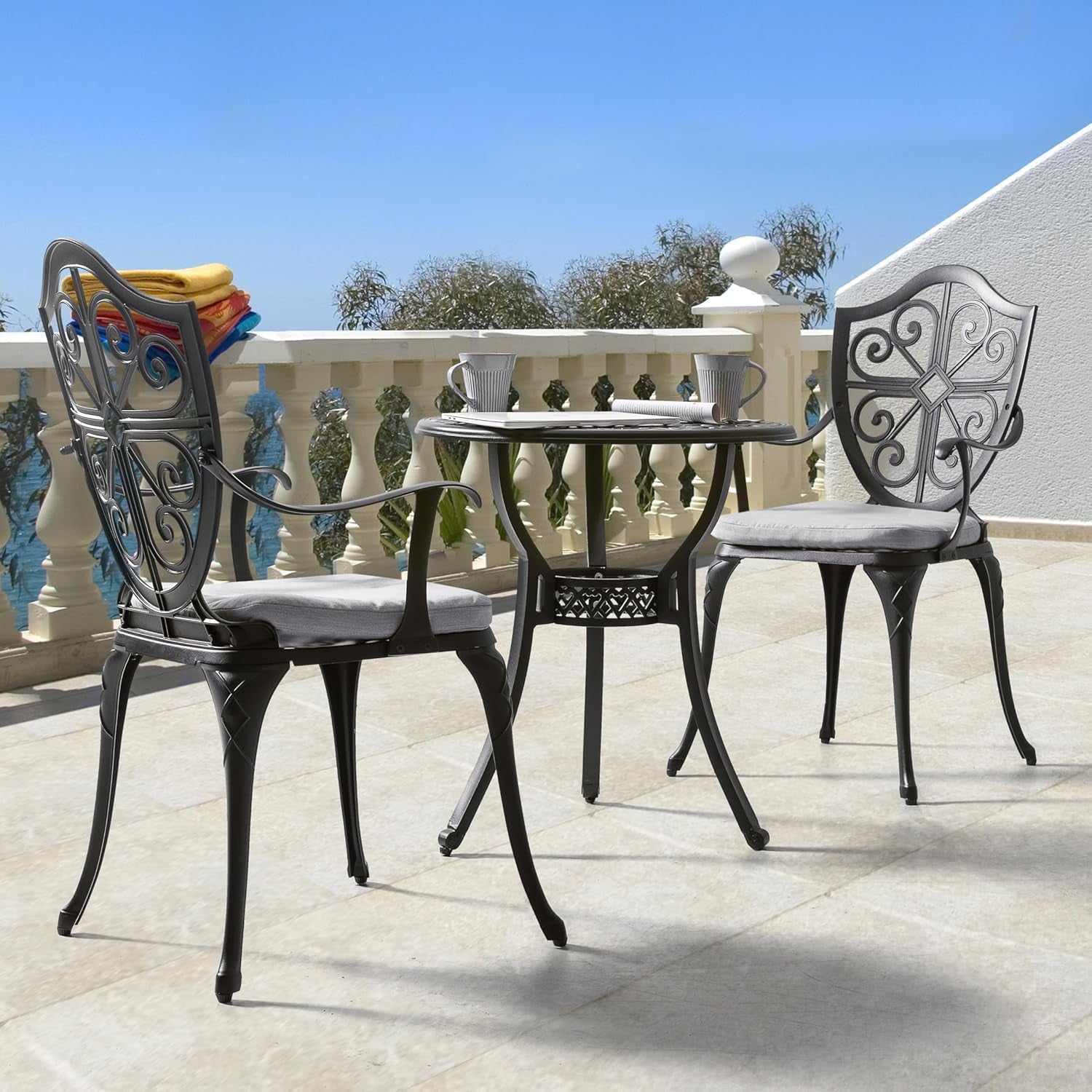 Bistro Set 3 Piece Outdoor, Cast Aluminum Patio Bistro Sets with Umbrella Hole and Grey Cushions, Bistro Table and Chairs Set of 3 for Patio Backyard, Black-2