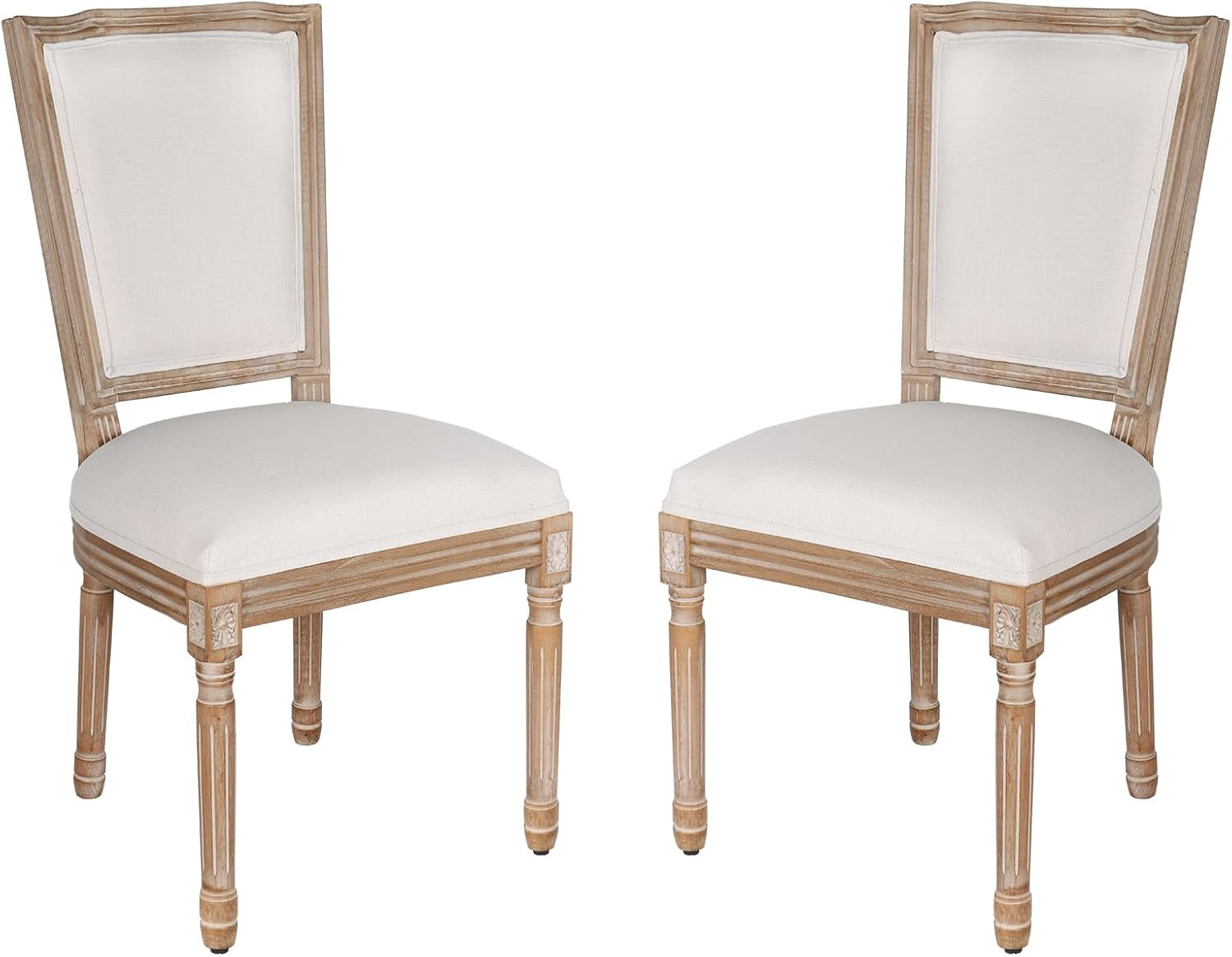Dining Chairs Set of 2 Beige Fabric Square Back with Solid Wood Legs and Frame for French Country Kitchen Dining Room-0