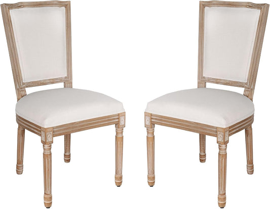 Dining Chairs Set of 2 Beige Fabric Square Back with Solid Wood Legs and Frame for French Country Kitchen Dining Room-0