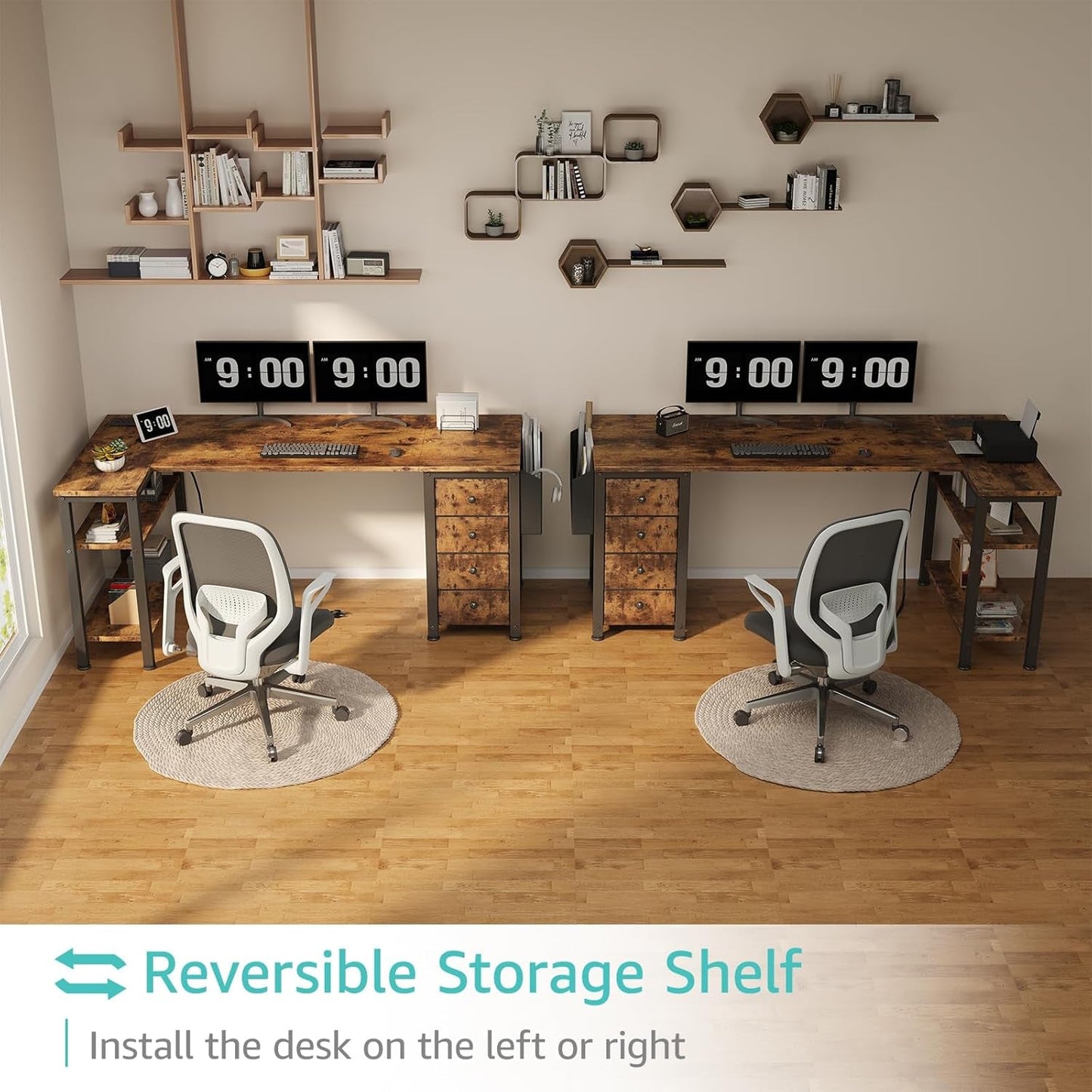 L Shaped Computer Desk with Drawers & Storage Shelves, 55 Inch Corner Desk with Power Outlet for Home Office Bedroom, L-Shaped Teen PC Gaming Desks with Fabric Drawer, Rustic Brown-3