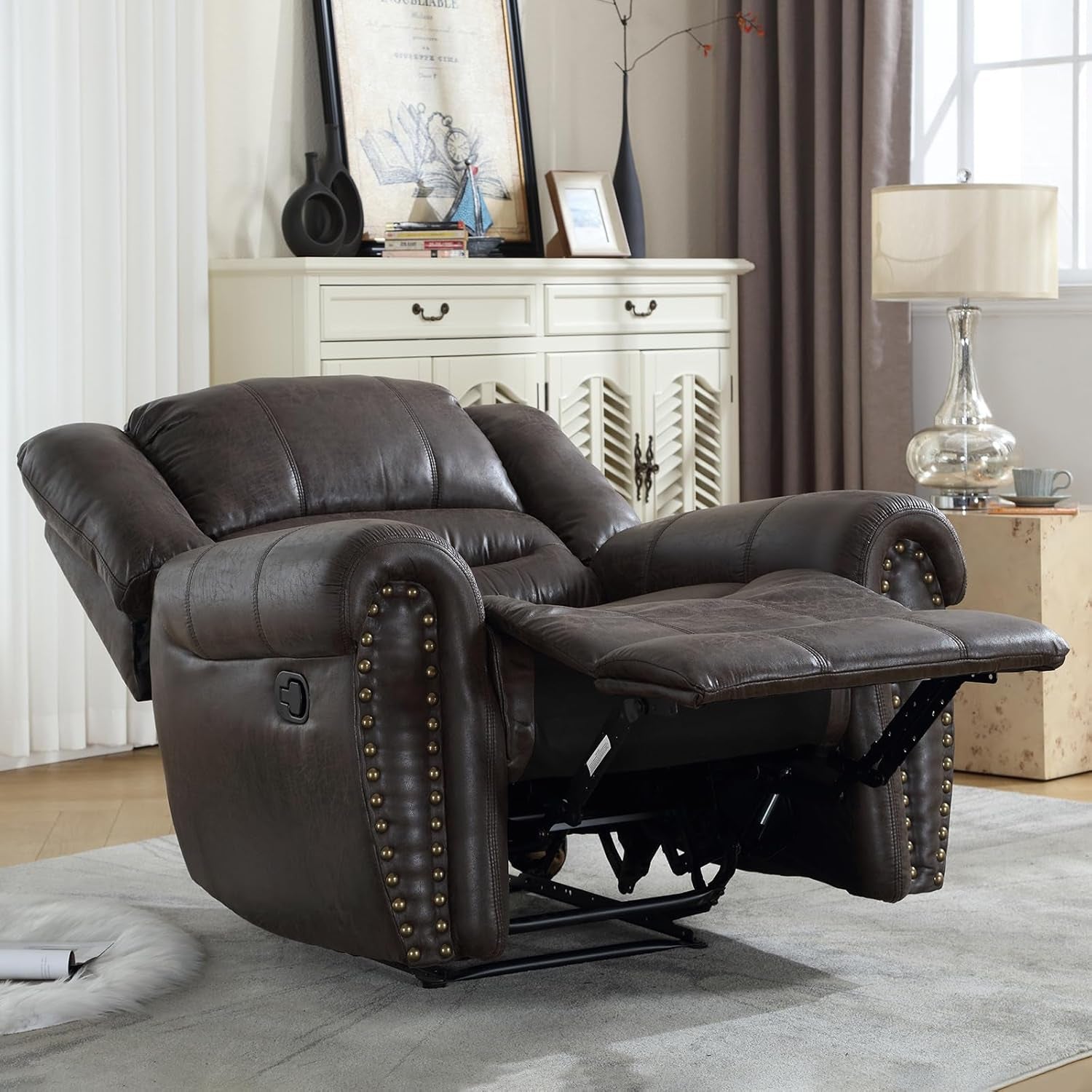 Leather Recliner Chair, Classic and Traditional Manual Recliner Chair with Comfortable Arms and Back Single Sofa for Living Room, Dark Grey-0