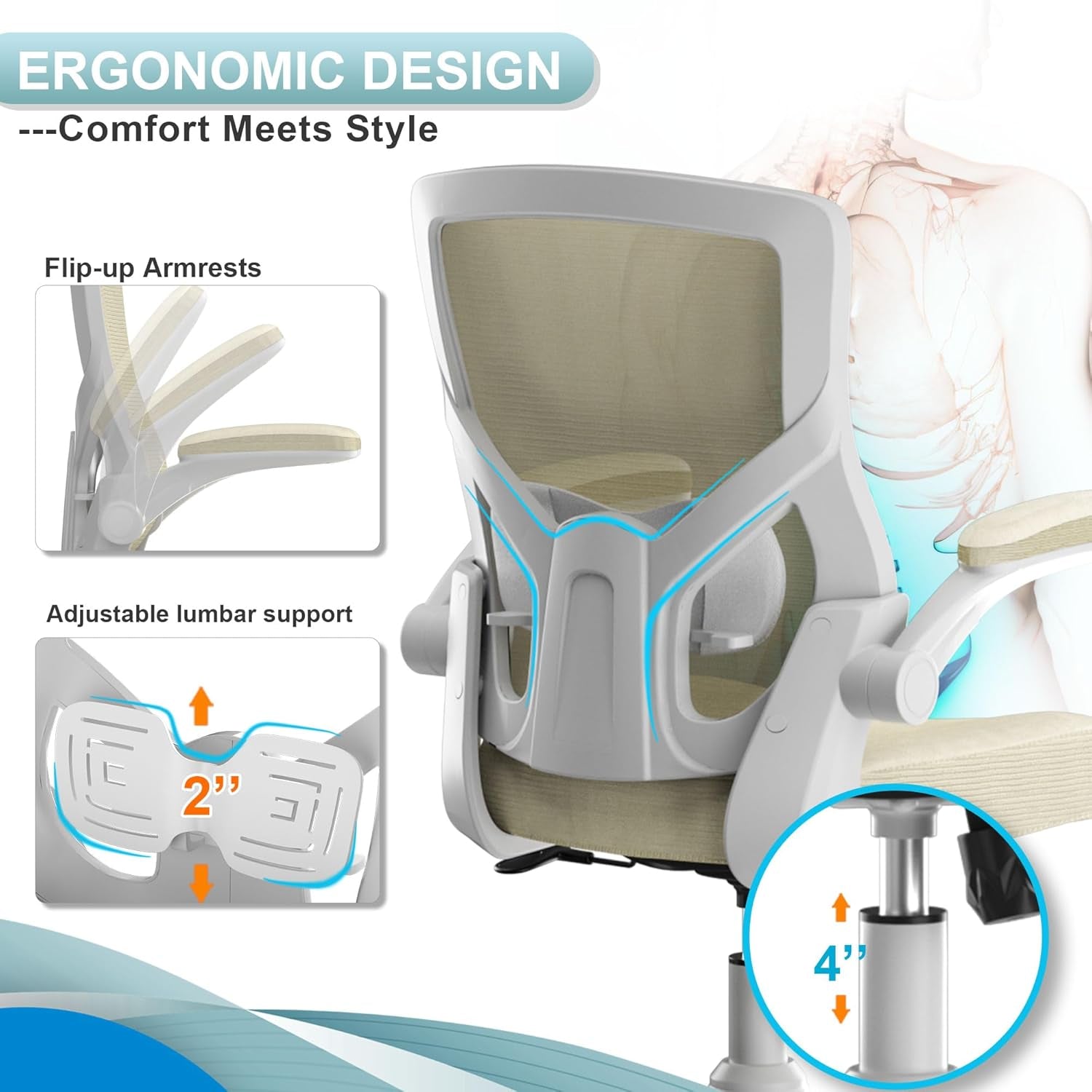 Office Chair, High Back Desk Chair Adjustable Height and Ergonomic Design Home Office Computer Chair Executive Lumbar Support Padded Flip-Up Armrest Swivel Task Chair-4