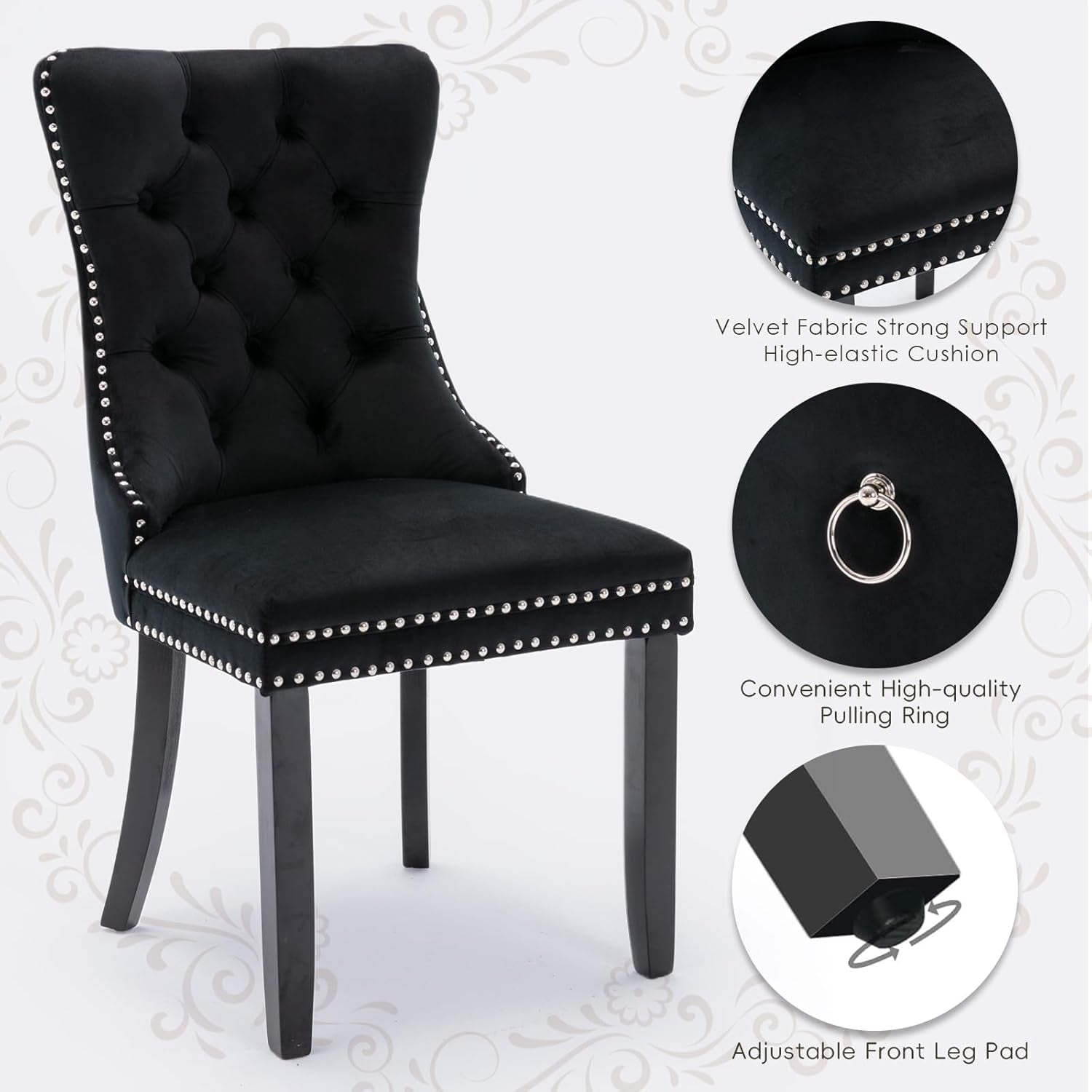 Velvet Upholstered Dining Chairs Set of 4, Modern Style Kitchen Side Chairs with Nailhead Trim and Wood Legs,Metal Pulling Ring for Dining Room Living Room(Black,Set of 4)-4