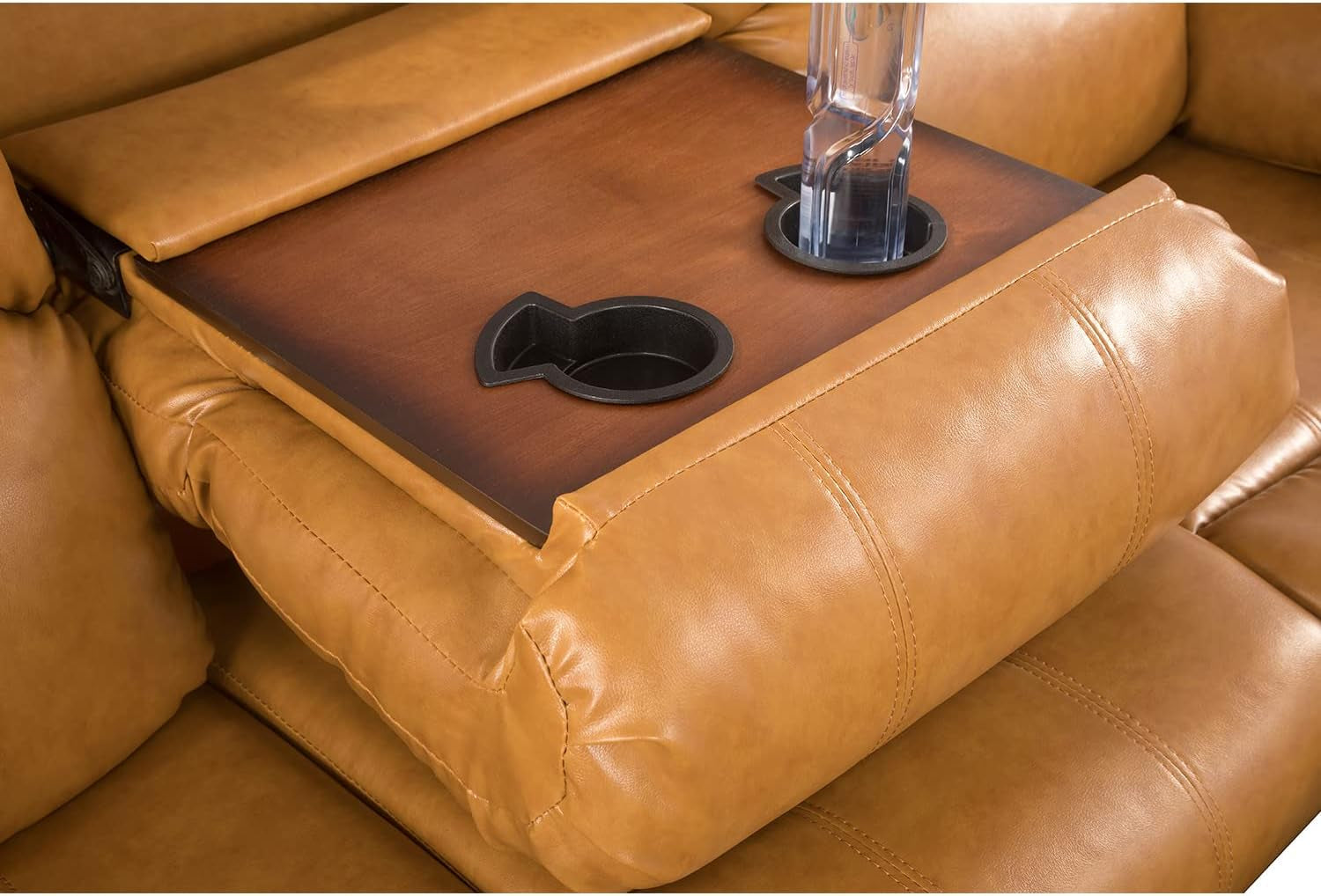 Manual Recliner Sofa Set Vegan Leather Reclining Sofa Set Living Room Furniture Sets Loveseat Couch Chair Set with Cup Holders/Storage Console/Drop down Table for Home/Office (Ginger,3Pcs Set)-3