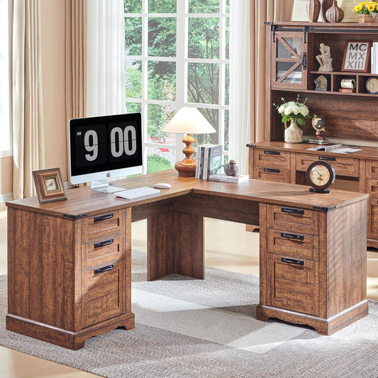 60" Farmhouse L Shaped Executive Desk with Drawers, Wood Home Office Corner Desk with Charging Station, File Drawer, Storage Cabinet, Rustic Computer Writing Desk (Reclaimed Barnwood)-0