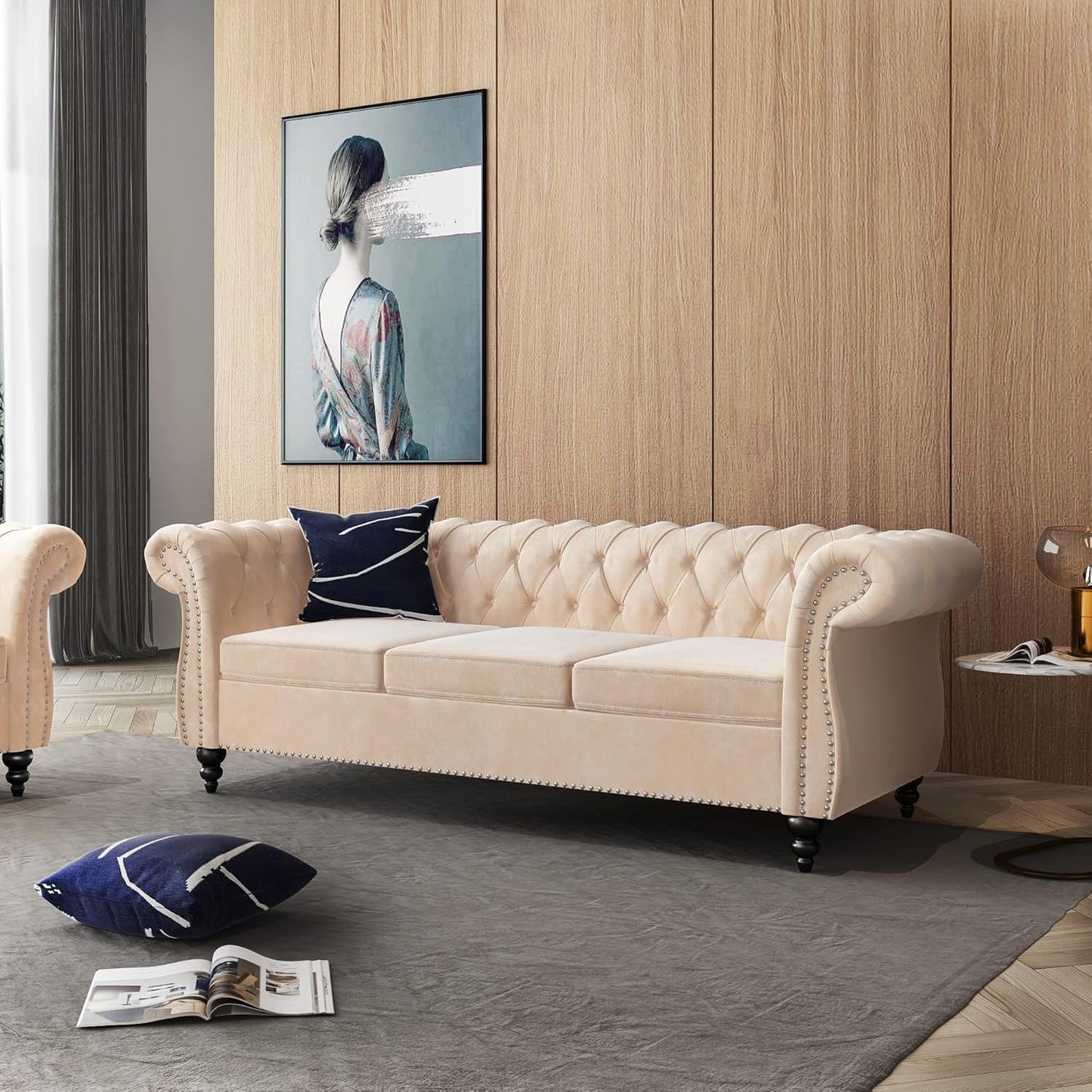 3-Piece Living Room Sectional Sofa Set, Upholstered Sofa Modern Sofa Couches Set Style Button Tufted, Velvet Chesterfield Sofa for Living Room Apartment, 1+2+3 Seat Beige-3