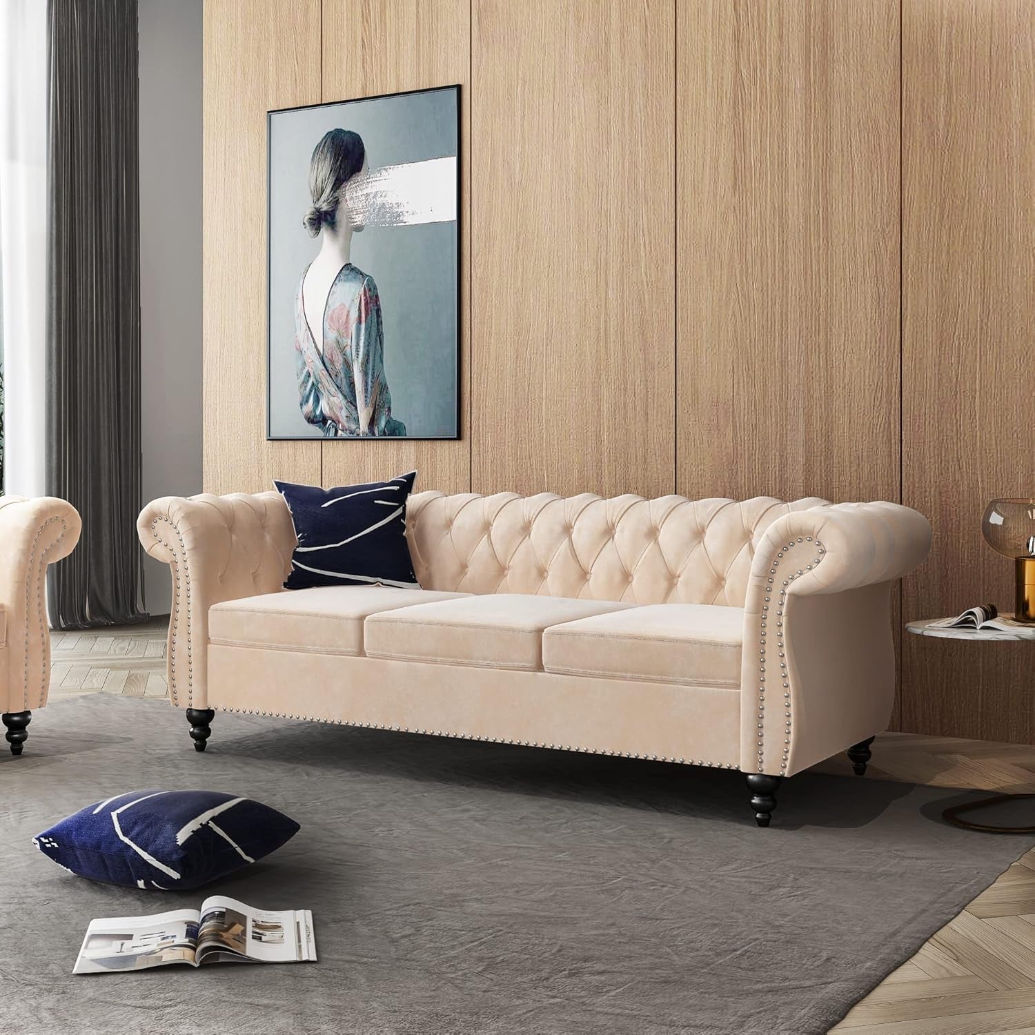 3-Piece Living Room Sectional Sofa Set, Upholstered Sofa Modern Sofa Couches Set Style Button Tufted, Velvet Chesterfield Sofa for Living Room Apartment, 1+2+3 Seat Beige-3