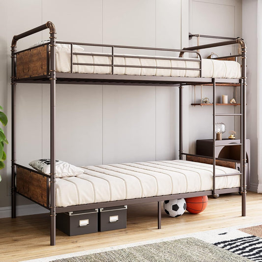 Metal Bunk Bed Twin over Twin for Kids, Heavy Duty Twin Size Convertible Bunk Bed with Guardrail & Ladders, Noise Free, No Box Spring Needed, Vintage Brown-0