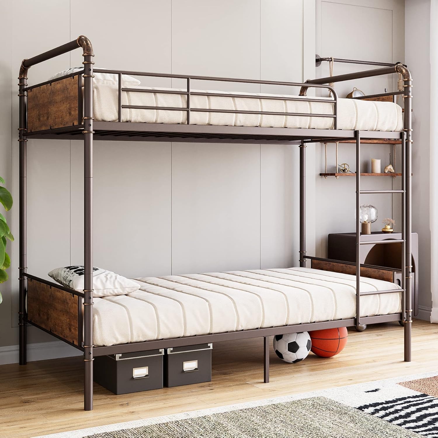 Bunk Bed Twin over Twin,Metal Bunkbeds with Ladders & 16.6" Safety Guardrail,Twin Bunk Beds for Kids,Adults and Small Spaces,No Box Spring Needed,Brown-0