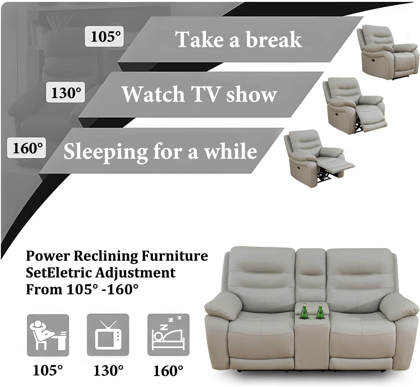 Genuine Leather Recliner Couch Set, Power Reclining Sofa Set 3 Pieces Top Grain Leather Sofa with Built in USB Port for Living Room(Light Grey) (Sofa+Loveseat+Chair)-2