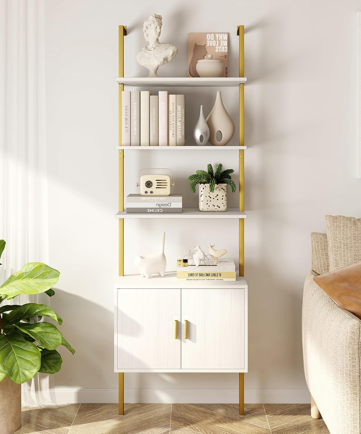 73" Tall Bookshelf with Cabinet, Industrial Ladder Wall Mount Shelf Bookcase with Wood and Metal Frame, Plant Shelf Wall Storage Display for Living Room Bedroom, White Gold-0