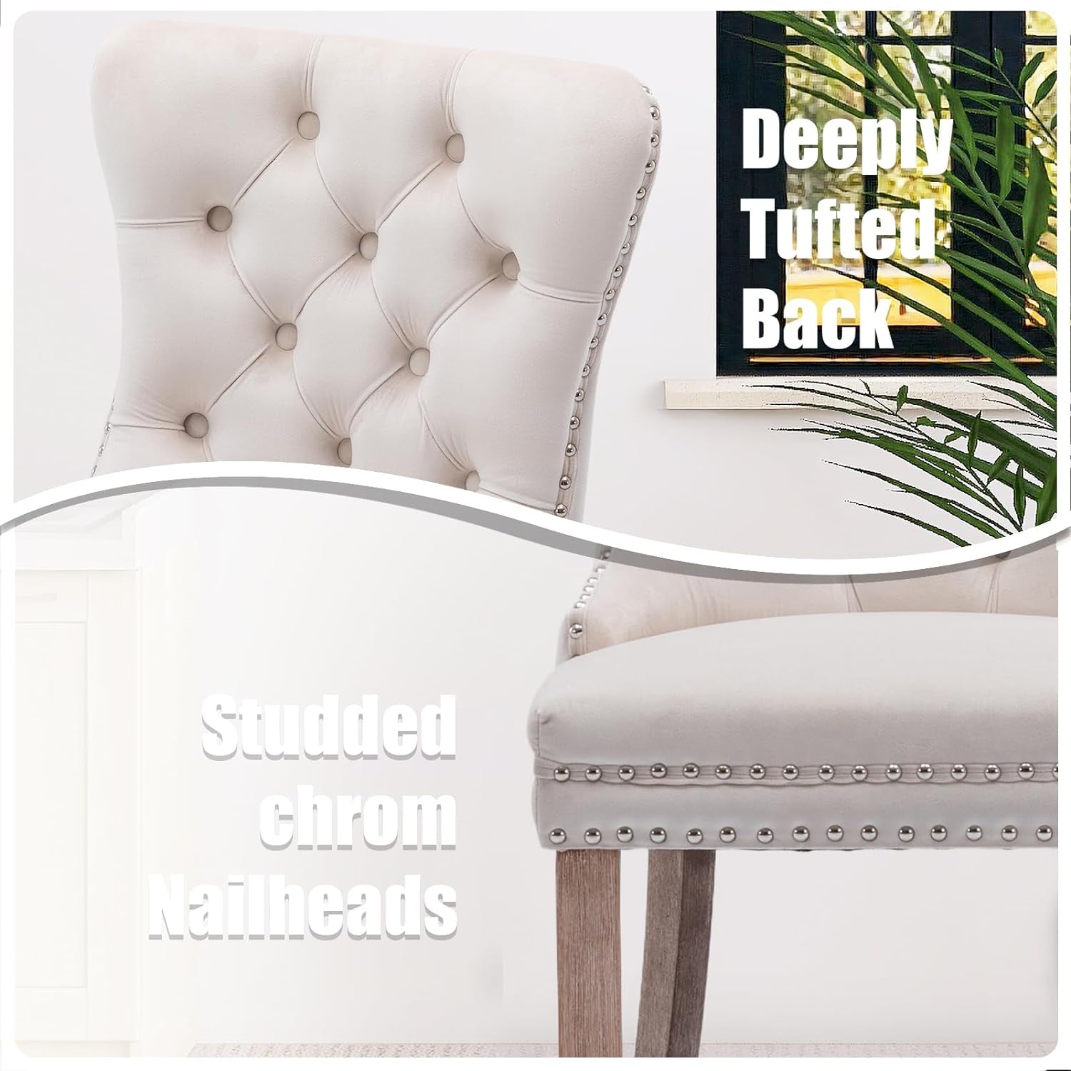 Velvet Dining Chairs Set of 6, Tall Back Side Chair, Modern Upholstered High-End Tufted Side Chair with Button Back Ring, Solid Wood Legs (Beige)-3