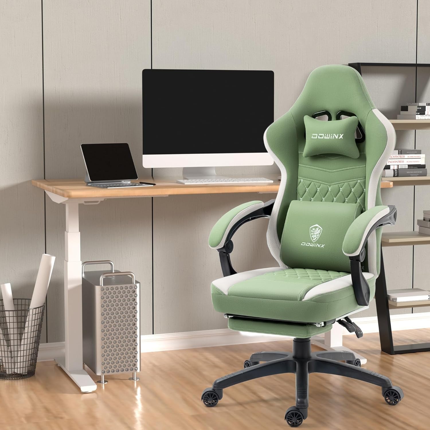 Gaming Chair Breathable Fabric Computer Chair with Pocket Spring Cushion, Comfortable Office Chair with Gel Pad and Storage Bag,Massage Game Chair with Footrest,Green-1