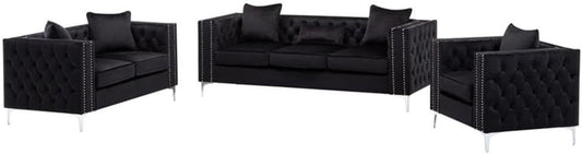 Lorreto Black Velvet Fabric Sofa Loveseat Chair Living Room Set-0