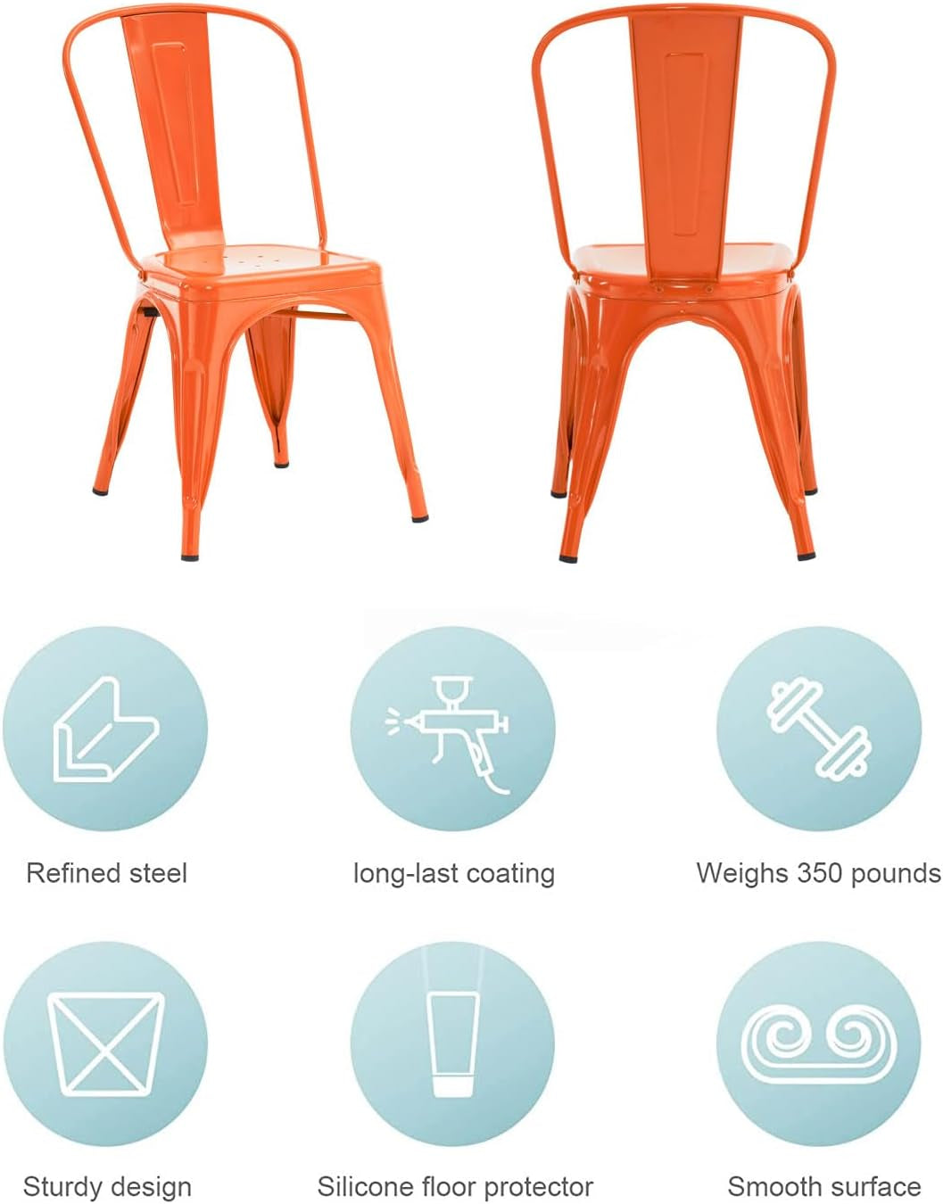 Metal Dining Chair Farmhouse Tolix Style for Kitchen Dining Room Café Restaurant Bistro Patio, 18 Inch, Stackable, Waterproof Indoor/Outdoor (Sets of 4) (Orange, Steel Seat)-3