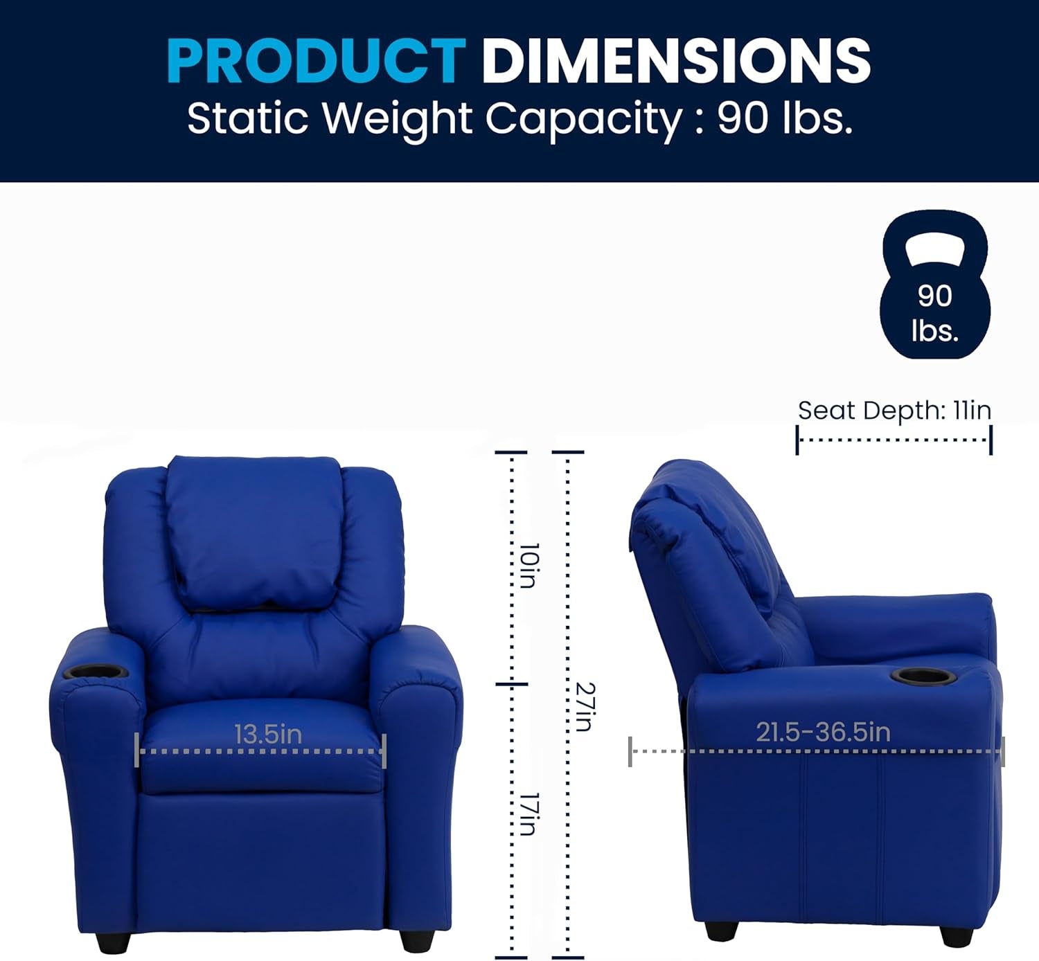 Vana Vinyl Kids Recliner with Cup Holder, Headrest, and Safety Recline, Contemporary Reclining Chair for Kids, Supports up to 90 Lbs., Blue-2