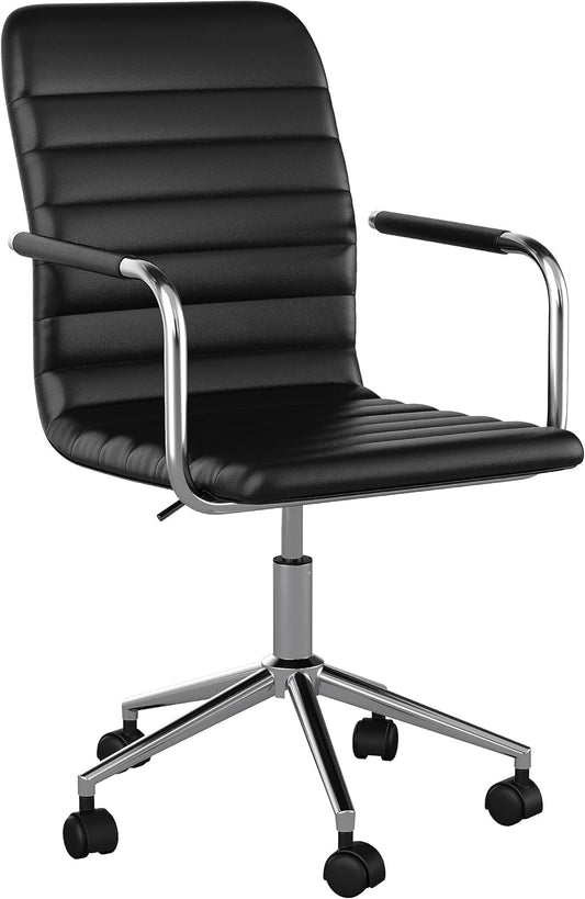 Taytum Swivel Task Chair with Armrests for Home Office in Black Faux Leather with Polished Nickel Frame-0