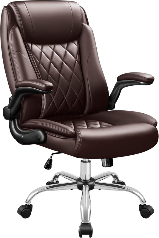 Executive Office Chair, Ergonomic High Back with Adjustable Flip-Up Armrest, Swivel Leather-Papped Seats with Lumbar Support, Brown-0