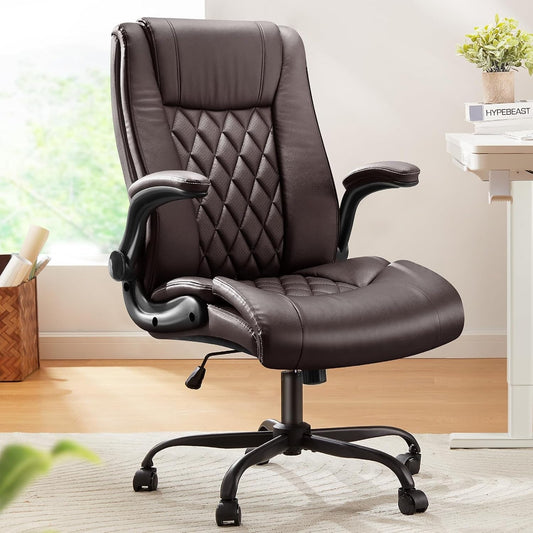 Executive Office Chair with Flip-Up Armrests,Pu Leather Ergonomic Desk Chair Height-Adjustable Swivel Rolling Computer Desk Chair-0