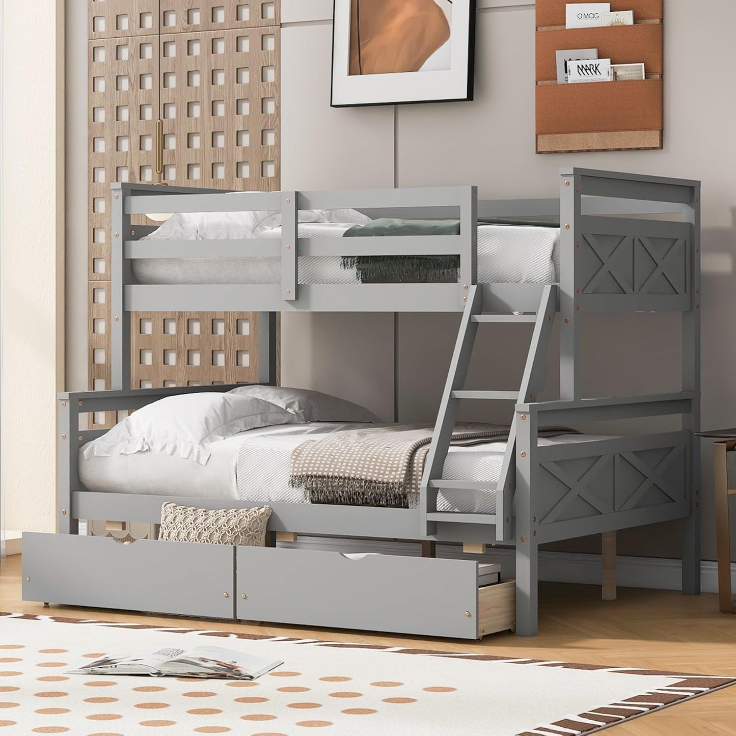 Twin over Full Bunk Bed with 2 Storage Drawers, Ladder and Guardrail, Can Be Converted into 2 Separated Beds, Grey-0