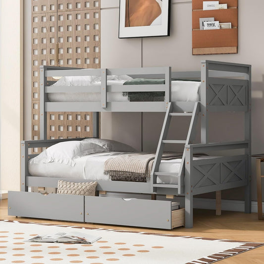 Twin over Full Bunk Bed with 2 Storage Drawers, Ladder and Guardrail, Can Be Converted into 2 Separated Beds, Grey-0