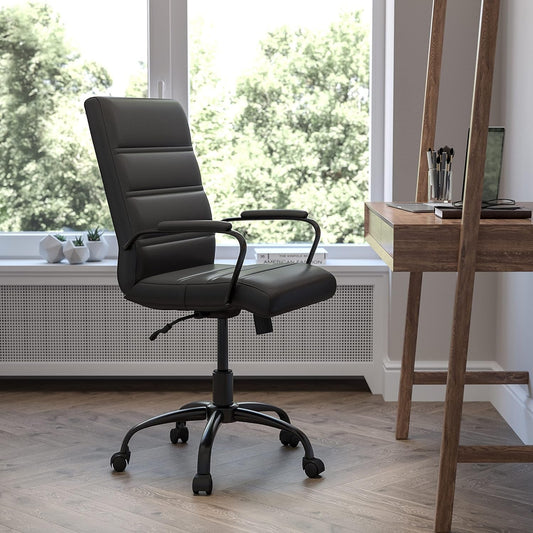 Whitney Mid-Back Swivel Leathersoft Desk Chair with Padded Seat and Armrests, Adjustable Height Padded Office Chair, Black-1