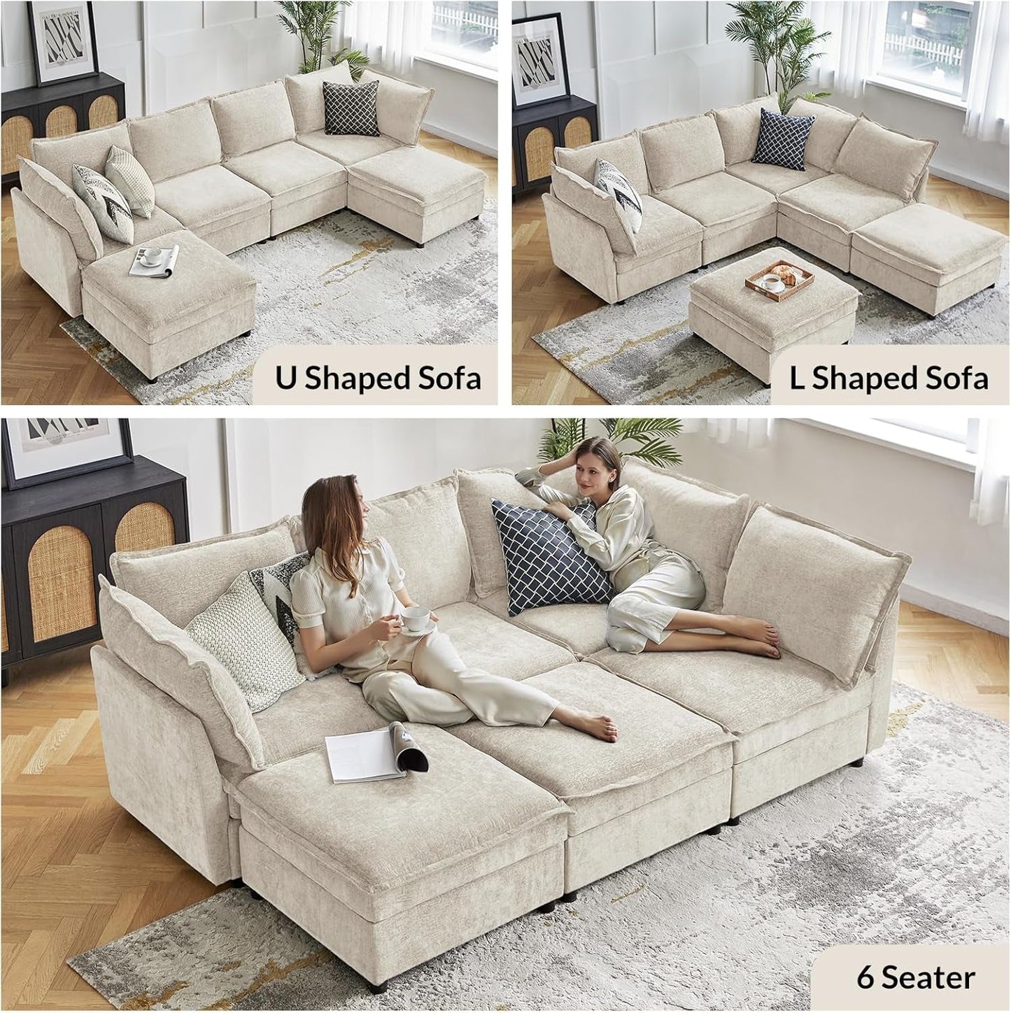 127'' Modular Sectional Sofa, Oversized U Shaped Couch with Storage Ottoman, Extra Deep Seat, Modern Comfy Chenille Sofa with Chaise, 6 Seat Convertible Couches for Living Room, Beige-2