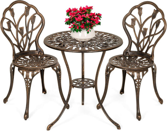 3-Piece Outdoor Rust-Resistant Cast Aluminum Patio Bistro Set W/Tulip Design, Antique Finish - Copper-0