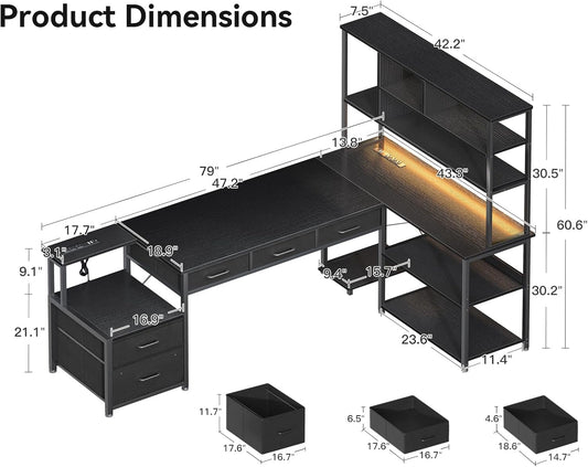 79 Inch L Shaped Desk with File Drawers, Reversible L Shaped Gaming Desk with Power Outlets & LED Lights, Computer Desk with Storage Shelves for Home Office, Black-1