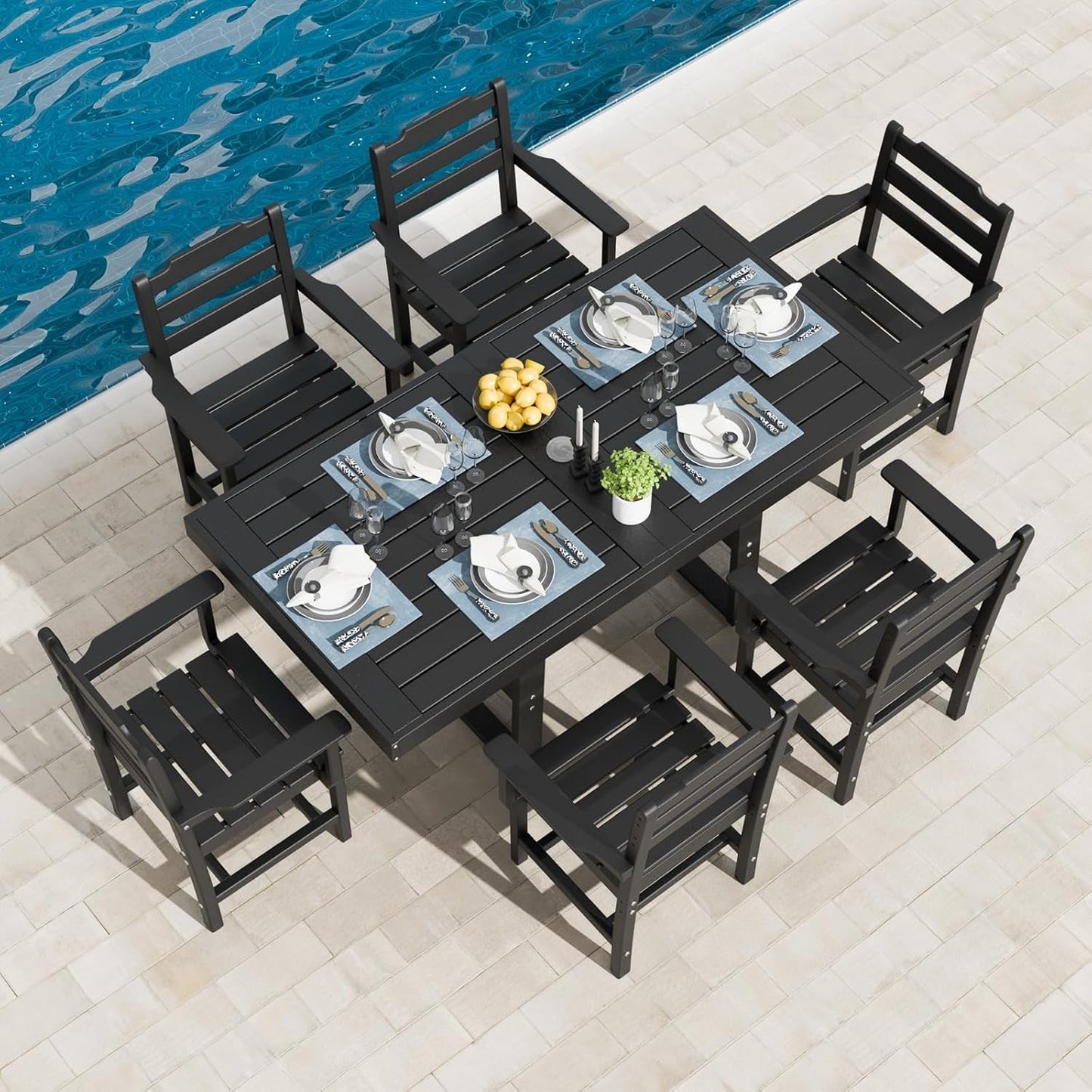 7-Piece Outdoor Dining Set for 6 - All-Weather Patio Furniture HDPE Table with Umbrella Hole and Chairs for Garden, Backyard, Poolside,Balcony, Black-0