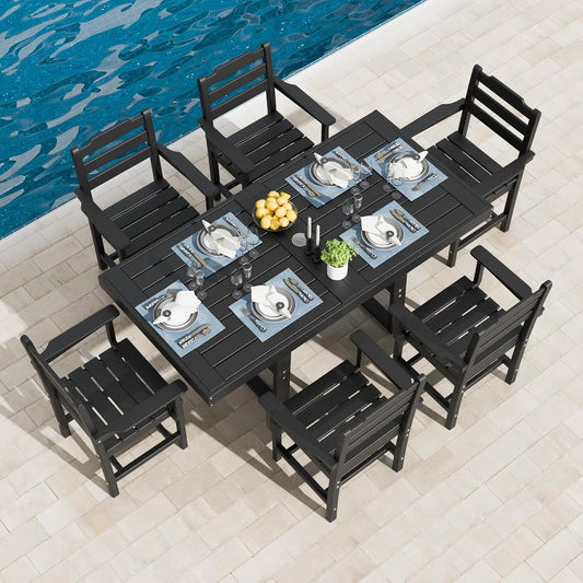 7-Piece Outdoor Dining Set for 6 - All-Weather Patio Furniture HDPE Table with Umbrella Hole and Chairs for Garden, Backyard, Poolside,Balcony, Black-0