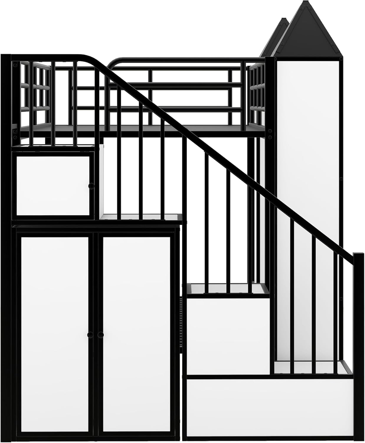 Twin Size Bunk Bed, Castle Shaped Metal Bed Frames with Wardrobe and Multiple Storage, Safety Guardrail. for Teens Boys, Black-4