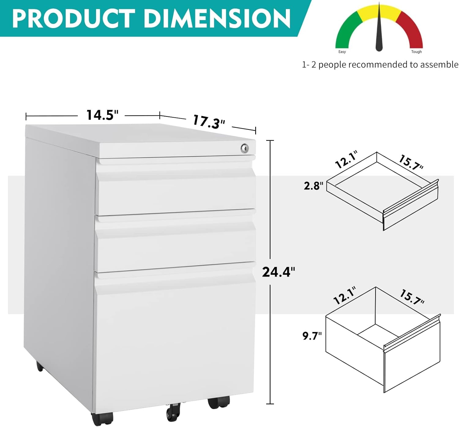 White Filing Cabinet 3 Drawers on Wheels under Desk, Metal Rolling File Cabinet with Lock for Home Office, Small Mobile File Cabinet for Letter Legal File Folders, Un-Assembled-2
