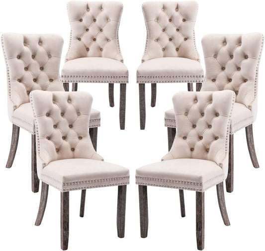 Beige Tufted Velvet Dining Chairs Set of 6-0
