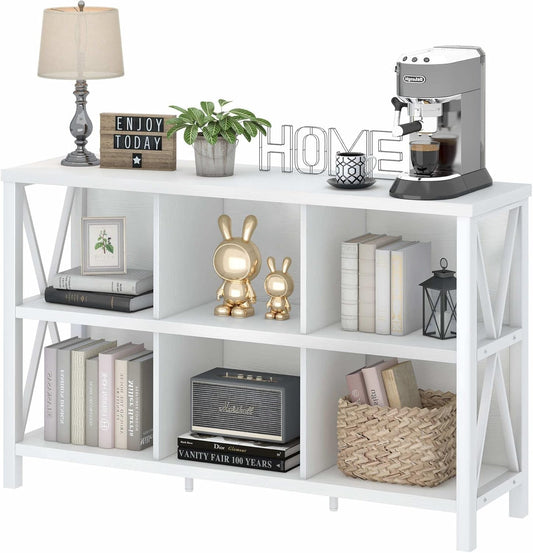 6 Cube Storage Organizer with Shelf, Long Wood and Metal Cubby Bookcase, Industrial Horizontal Bookshelf (White Oak, 47 Inch)-0