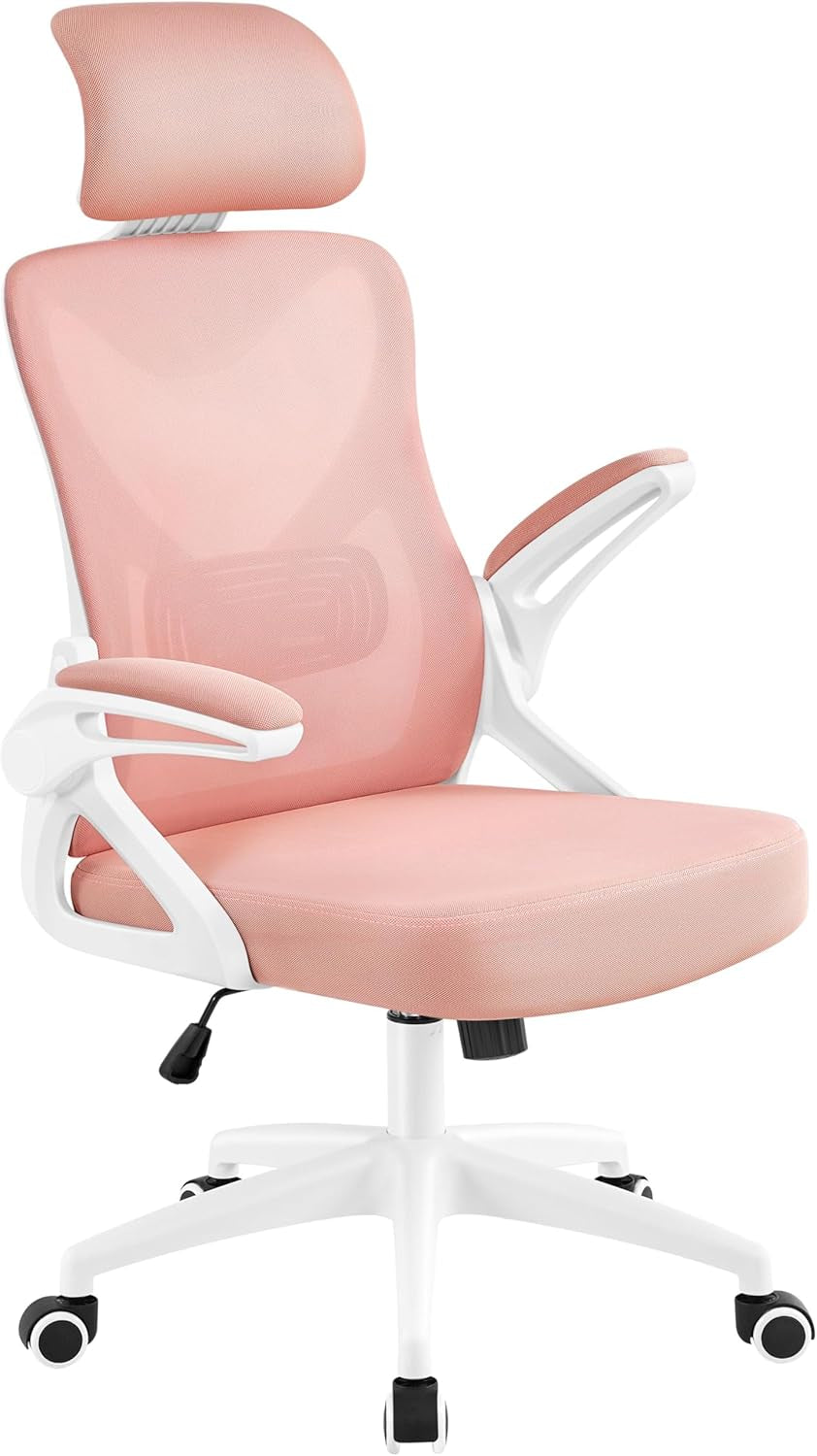 Ergonomic Office Chair, High Back Mesh Desk Chair with Flip-Up Armrests, Adjustable Headrest Computer Chair with Lumbar Support for Home Oiffce Gaming Room, White/Pink-0