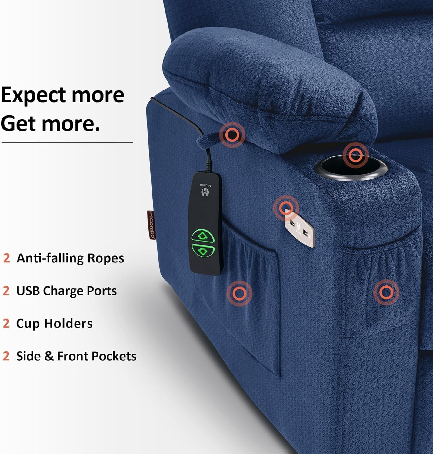 Power Lift Recliner Chair with Massage and Heat for Elderly People, Cup Holders, USB Ports, Side Pockets, Fabric 7529 (Medium, Navy Blue)-4