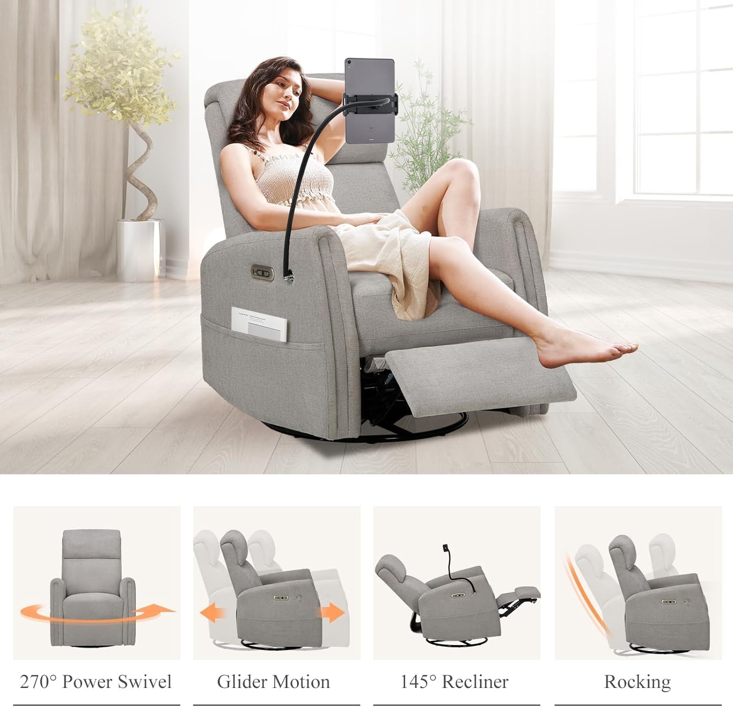 Power Recliner Chairs Swivel Glider Rocker for Nursery, Upholstered Fabric Living Room Rocking Reclining Single Sofa Chair with 2 Device Holders, Dove Grey, Set of 2-2