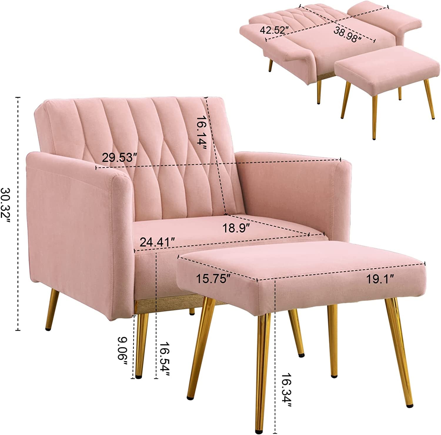 Pink Velvet Chair with Ottoman and Armrests-2