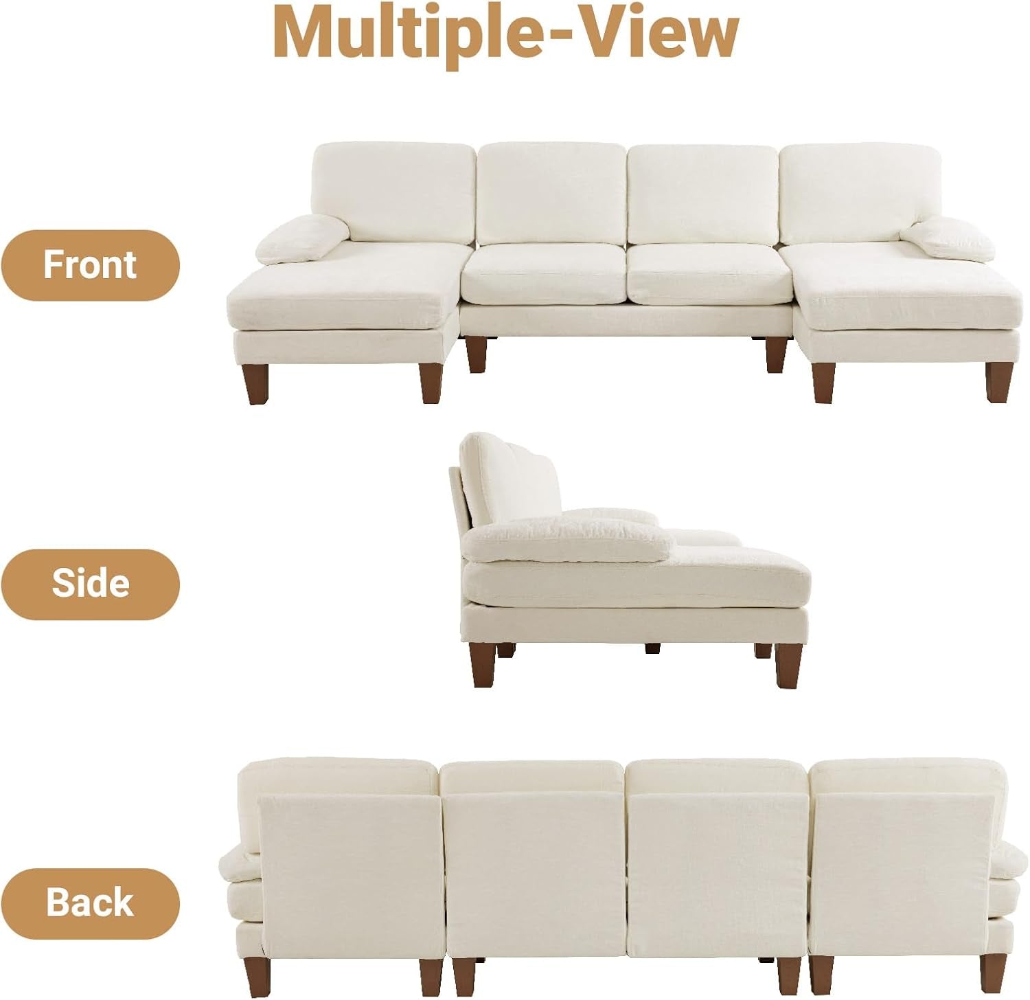 110" Sectional Couches for Living Room,U Shaped Couch with Double Chaise, 4-Seat Sofa Set with Chenille Fabric for Home Furniture,Beige-4