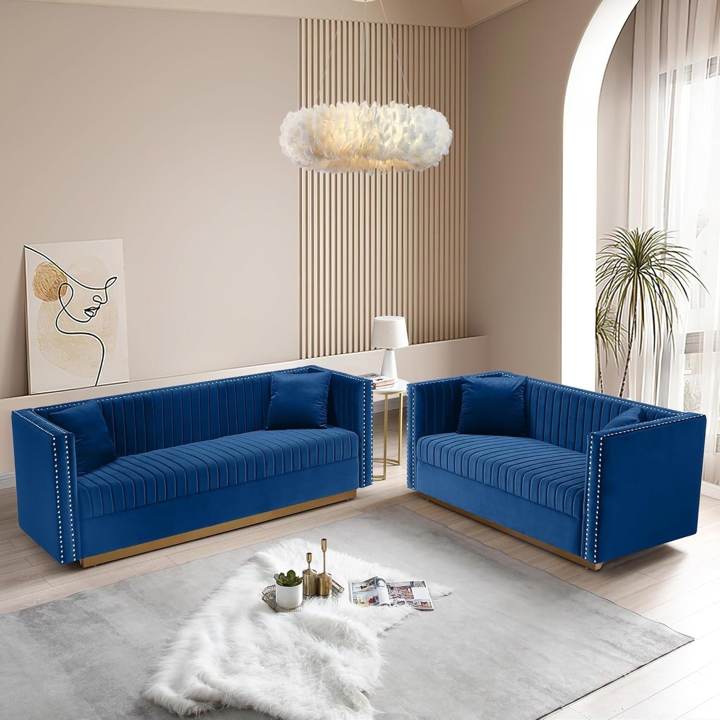 Luxury Velvet Sofa Set for Living Room, Modern Decor Furniture Channel Sofa Couch and Loveseat with Nailhead Gold Metal Legs and 4 Pillows for Bedroom, Hall, Blue-0