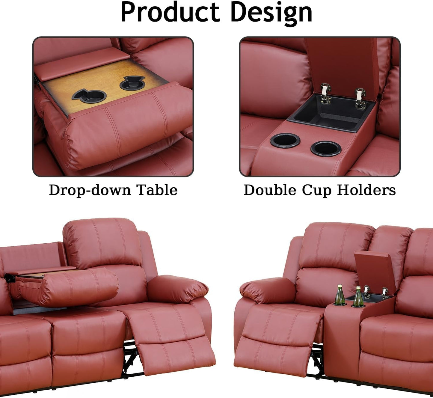 Leather Recliner Sofa Set，Leather Reclining Sofa Set for Living Room Furniture Sets，Red Recliner Couch Set for Living Room/Office/Theater Seating(Sofa Set 3 Pieces)-2