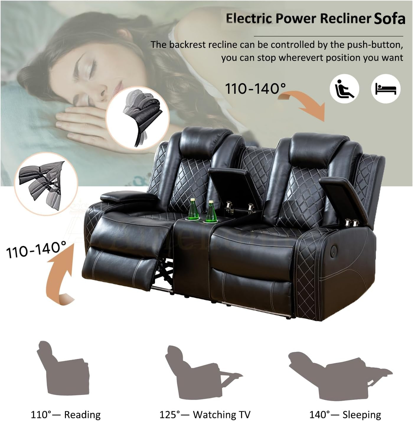 Power Leather Recliner Sofa Sets, 2 Pieces Living Room Furniture Sets with LED Lights, Grey Reclining Sofa Sets with USB Port for House/Office/Rv(C-Black, Sofa+Loveseat)-4