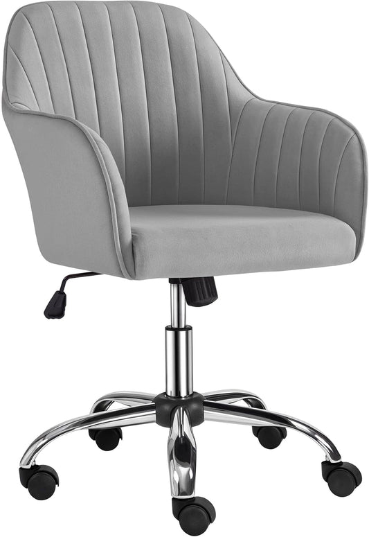 Modern Velvet Desk Chair Vanity Chair Height-Adjustable Swivel Computer Chair for Makeup Room Living Room Bedroom Soft Upholstered Office Chair Light Gray-0